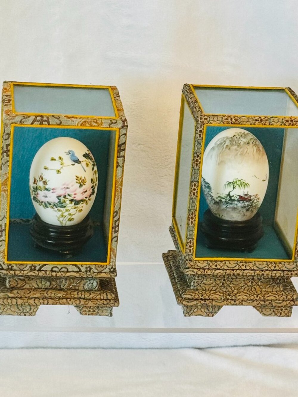 Lot 2 Vtg Chinese Scenes Bird Hand Painted Egg Shell Enclosed Glass Case Collect
